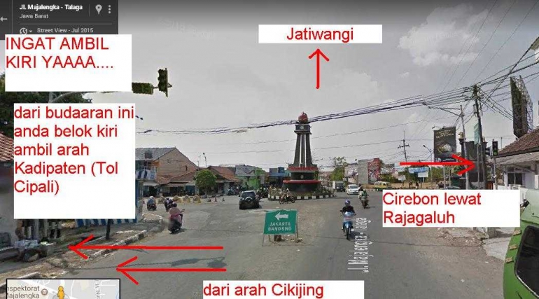 dari bundaran Cigasong ambil arah ke Kota Majalengka atau ke Tol Cipali (sumber gambar: google dimodifikasi: penulis)