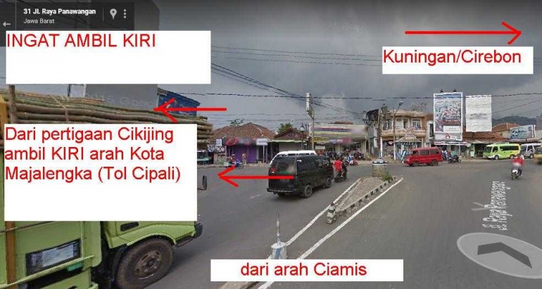 dari pertigaan Cikijing belok kiri arah ke Majalengka atau ke Tol Cipali (sumber gambar: google dimodifikasi: penulis)