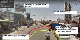 Pertigaan CIkijing belok kanan arah Ciamis Jateng (sumber gambar: google dimodifikasi: penulis)