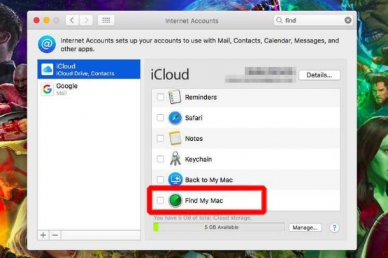 Pada MacBook, cari pengaturan akun di System Preferences, pilih Account, dan hilangkan centang pada Find My Mac. Sumber: kompas.com