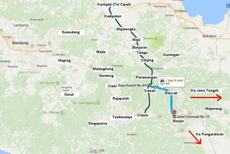 Cikijing Banjar lewat Rajadesa Rancah (sumber gambar: Google Maps dimodifikasi penulis)