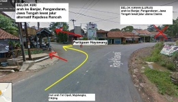 Pertigaan Hayawang belok kiri arah ke Rajadesa Rancah (sumber gambar: Google Maps dimodifikasi penulis)