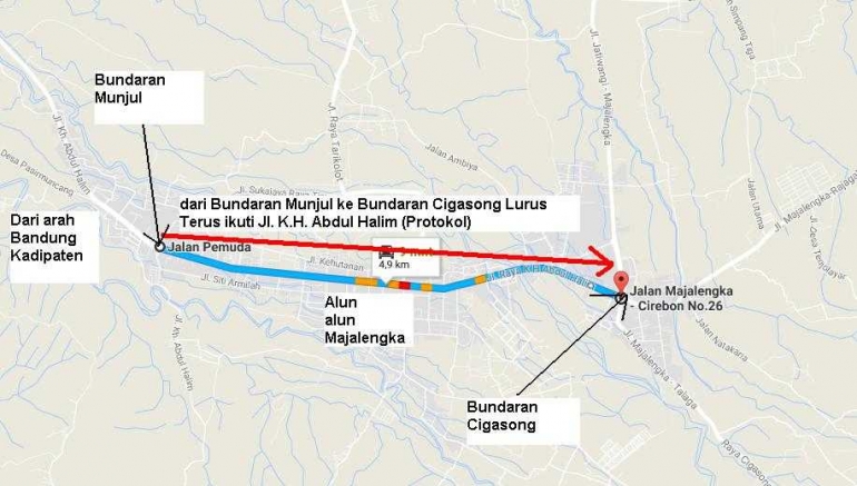 Bundaran Munjul ke Bundaran Cigasong (sumber gambar: Google Maps, dimodifikasi penulis)