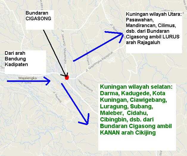Dari Cigasong tentukan tujuan anda di Kuningan (sumber gambar: Google Maps, dimodifikai penulis)