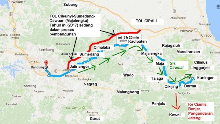 Bandung Kuningan Lewat Majalengka (sumber gambar: Google Maps, dimodifikasi penulis)