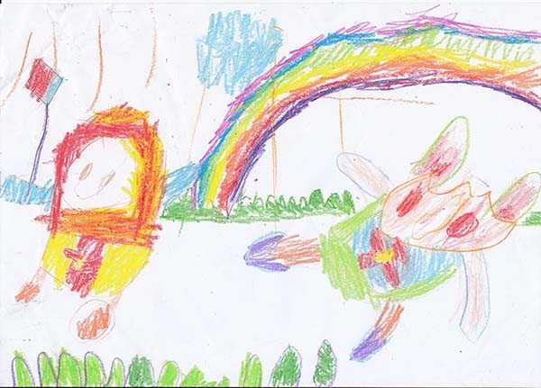 Gambar anak usia 3 tahun menggunakan krayon dan pensil Faber Castell