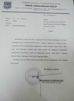 Surat Pencabutan SK yang langsung ditandatangani oleh Plt. Kepala Dinas Lingkungan Hidup Tangsel, Mukkodas Syuada.