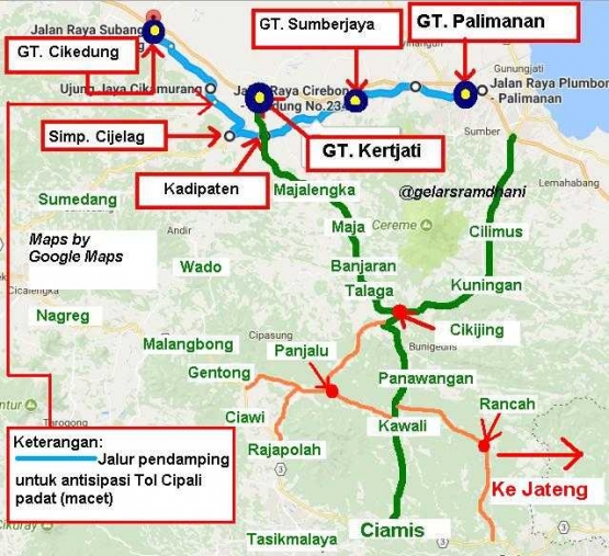 Alternatif Apabila Tol Cipali Macet (sumber gambar: Google Maps, dimodifikasi penulis)