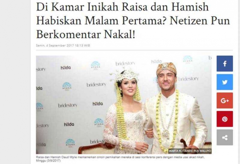 Sebuah berita di Tribunnews tentang pernikahan Raisa-Hamish Daud. Dokpri
