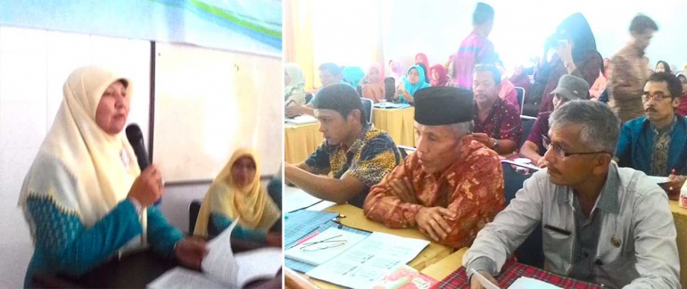 FOTO KIRI: Ketua Umum LKKS Sumbar Hj. Nevi Irwan Prayitno, membuka diskusi 'Peran Posdaya dalam Penanggulangan Kemiskinan' di Kota Payakumbuh, Kamis (7/9/2017). FOTO KANAN: Sebagian peserta diskusi yang mayoritas adalah petani 'Jesigo' dari pedalaman utara Kabupaten Limapuluh Kota. (DOK. ADI BERMASA) 