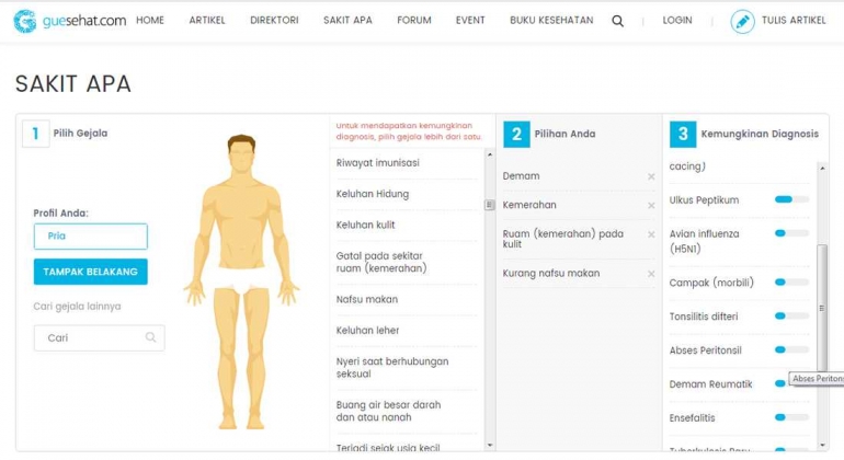 Deskripsi : Symptom Checker akan memberikan informasi penyakit-penyakit apasaja yang cocok sesuai gejala-gejala penyakit di diri kita I Sumber Foto : GueSehat