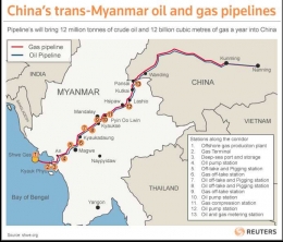Ladang Gas Raksasa Shwe Gas Project dan Pipa Minyak dan Gas dari Kyaukpyu, Rakhine Myanmar dan Ruili, Yunan Cina (dok: Reuters/Shwe.org)