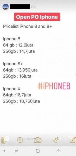 Salah satu penawaran PO untuk iPhone 8, iPhone 8 Plus, dan iPhone X. Sumber: Instagram