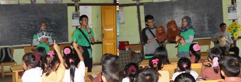 Saat kami menyampaikan puppet show dan bercerita tentang hutan, orangutan dan tentang sampah. Foto dok. Yayasan Palung