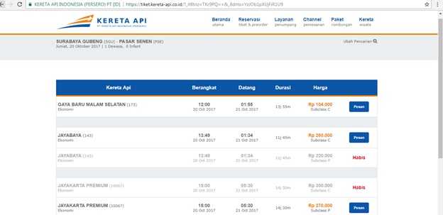 Kondisi karcis kereta api dari stasiun Gubeng Surabaya tujuan stasiun Pasar Senen Jakarta untuk keberangkatan tanggal 20 September 2017 (Sumber: keretaapi.co.id/screenshoot)