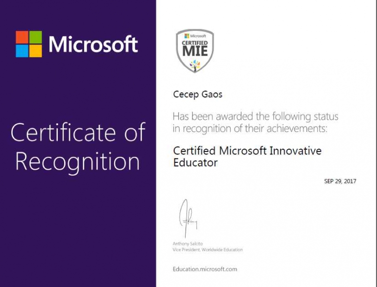 Sertifikat Microsoft Innovative Educator (Dokumentasi Pribadi)