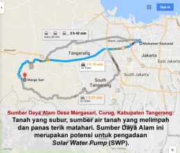 Peta lokasi Desa Margasari, Curug dengan diarahkan ke Tugu Monas, Jakarta. (Sumber: GoogleMaps)