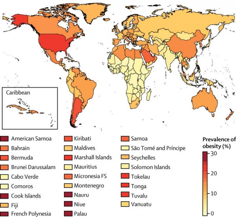 Prevelansi obesitas pada anak laki tahun 2016. Sumber: Lancet