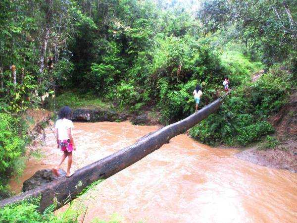 Anak- anak desa Rumahtita tengah melintasi jembatan (foto: dok Hendrik)