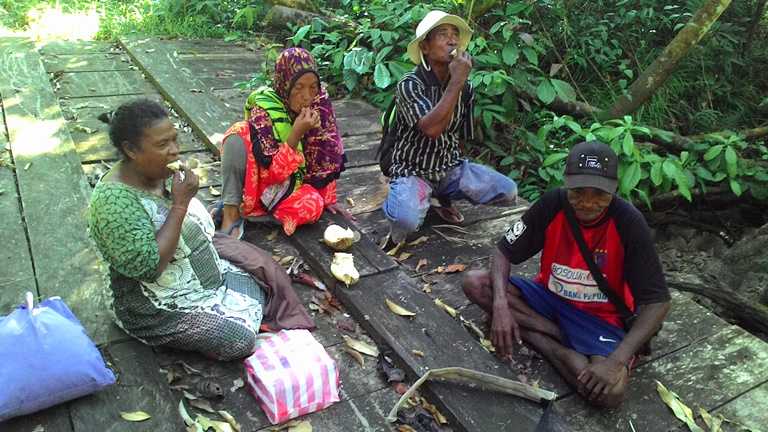 Jembatan kayu sebelum memasuki perkampungan Bati Kelusi. Di sini, kami istirahat dan memakan durian, sekaligus mencuci muka di kali kecil yang persisi di bawah jembatan ini. Ritual ini semacam penghormatan kepada kampung (Dokumentasi Pribadi)