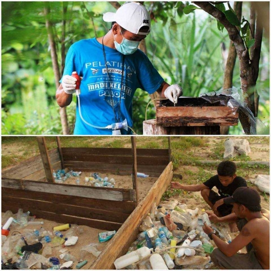 Proses pemanenan madu kelulut kelompok Wahana Bahari (atas). Proses pemisahan sampah plastik domestik dan non domestik di pantai peneluran penyu Paloh (bawah). Sumber: WWF Kalbar 2016