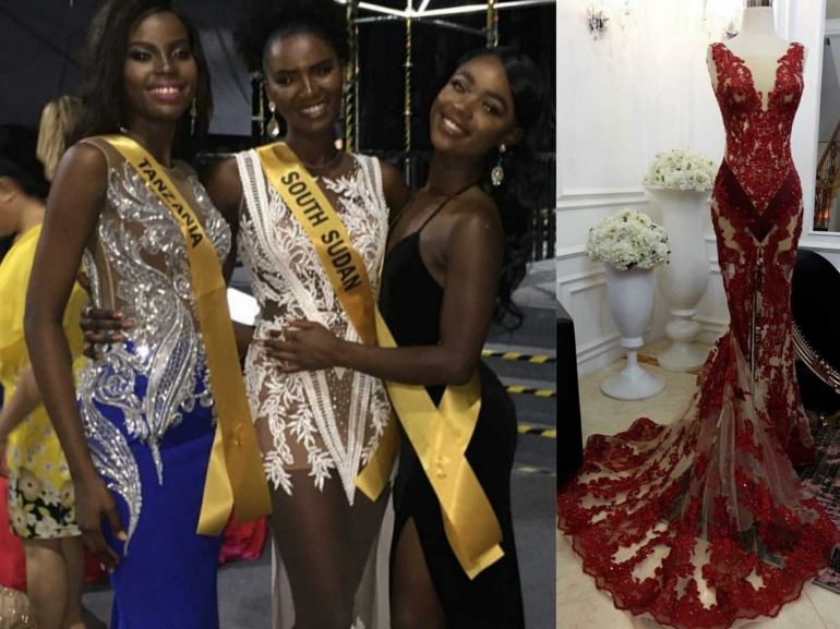 Miss Grand Tanzania mengenakan gaun perak-biru dari Anaz (kiri). Anaz menyiapkan gaun merah untuk Miss Grand Belgium (kanan). (Sumber: Instagram/anazofficial)