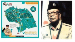 Peta bumi perkemahan yang digunakan untuk Raimuna Daerah XIII Jawa Barat 2017 dan foto Kak Mashudi. (Foto: Pusinfo Kwarda Jawa Barat)