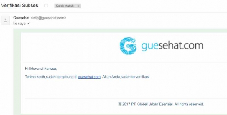 Verifikasi sukses di www.guesehat.com