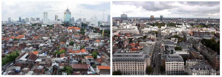 Wajah Kota Surabaya (kiri) dan Brussels (kanan). Sumber foto: welove-indonesia.com dan Wikipedia. 