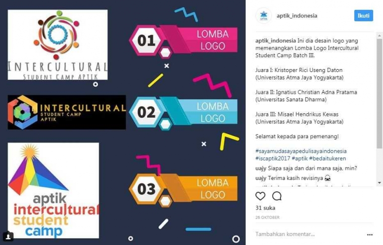 Pengumuman pemenang lomba desain logo ISC APTIK di akun media sosial Instagram.