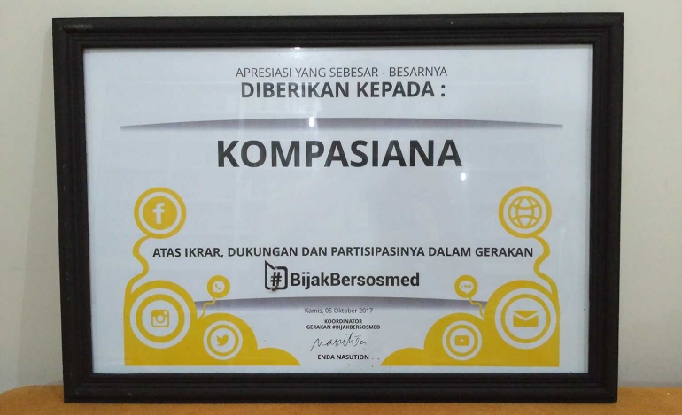 Anugerah #BijakBersosmed untuk Komunitas Kompasianer Jogja (Dok)