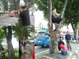 Dosen, Mahasiswa dan Komunitas di Medan melakukan aksi membebaskan pohon dari benda perusak seperti paku, kawat, tali dan potongan kayu (dok. Fahutan USU Nop 2017)
