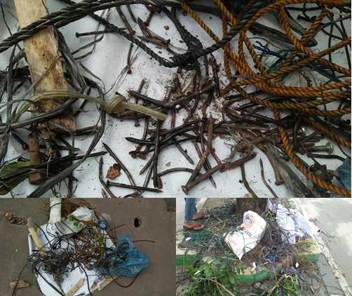 Benda-benda pengganngu yang berhasil dibebaskan dari pohon di Jalur Hijau Lingkar Kampus USU Medan (dok. Fahutan USU Nopember 2017)