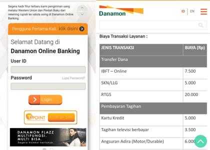 Danamon Online Banking, fitur yang ditawarkan, dan biaya yang dibebankan. Gambar merupakan screenshot dari sistem Danamon Online Banking dan www.danamon.co.id.