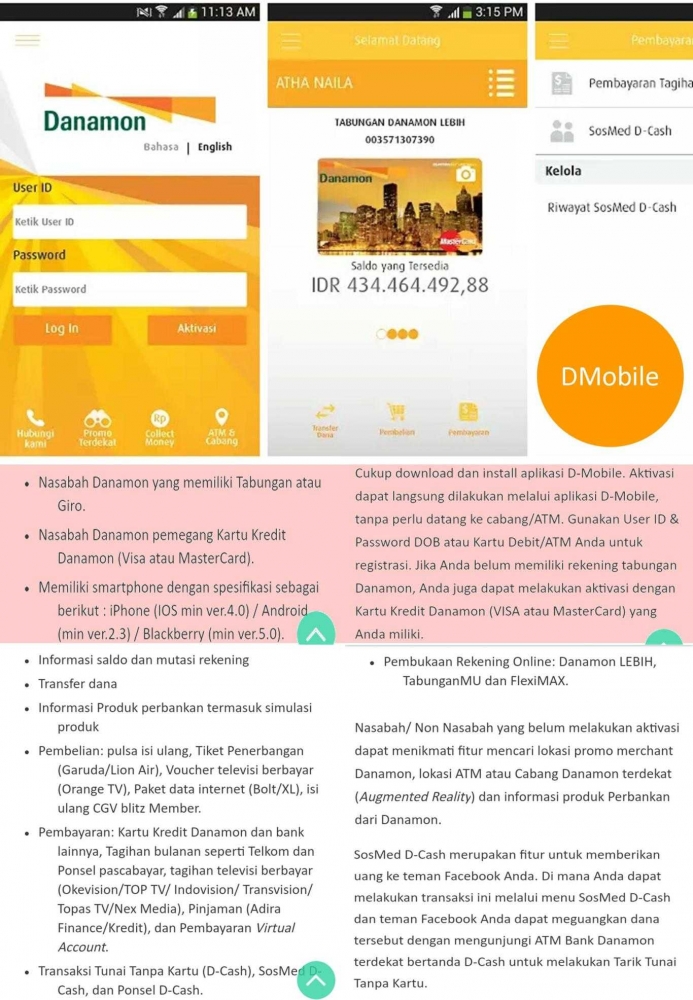 DMobile, tampilan aplikasi, persyaratan, dan fitur yang ditawarkan. Gambar merupakan olahan kreatif dari screenshot Google Play Store dan www.danamon.co.id.