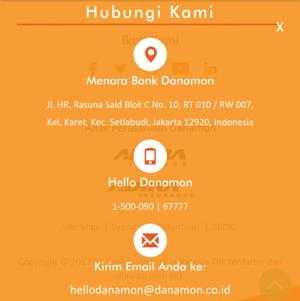 Alamat Menara Bank Danamon, telepon Hello Danamon, dan email Hello Danamon. Gambar merupakan screenshot dari www.danamon.co.id.