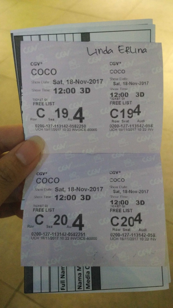 Ini dia nih tiket nonton Screening 3D Film Coco (18 Nov 2017), Makasi ya CGV Indonesia! (Dok. Pri)