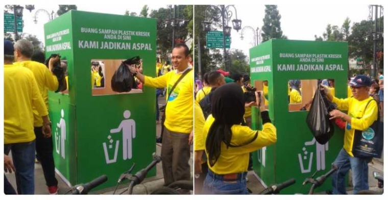 Peserta jalan santai HarbakPU memasukkan sampah yang dikumpulkan sepanjang jalan untuk kemudian dijadikan bahan campuran aspal plastik (sumber: dokrpri)