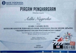 Piagam Penghargaan Juara 1 Lomba Blog Bank Indonesia 2017 | Sumber : Dokumentasi Pribadi