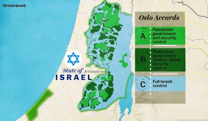 Peta administratif Palestina. Tepi barat yang menjadi masa depan kedaulatan Palestina, justru sudah didominasi oleh Israel. yang tersisa hanya 23% dari luas Tepi Barat. (sumber: fox news)