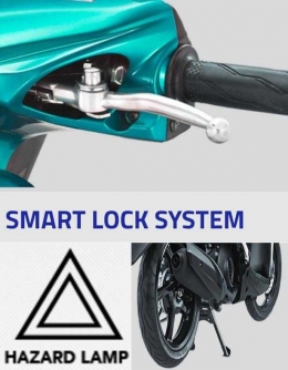Fitur lampu hazard, smart lock system, dan ban tubeless. Ilustrasi merupakan screenshot dari situs resmi Yamaha dan diolah oleh penulis.