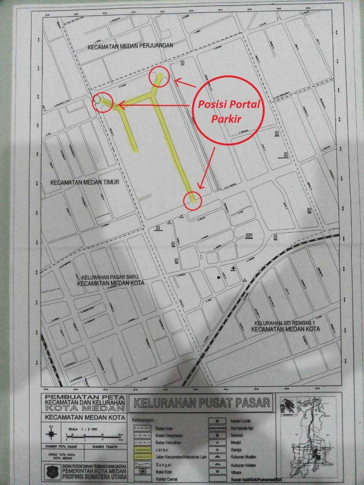 Peta Keterangan Portal Pajak Parkir Progresif di atas badan jalan Jl. Pusat Pasar Medan