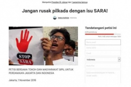 Ilustrasi isu SARA: Petisi Jangan rusak pilkada dengan isu SARA! di change.org.