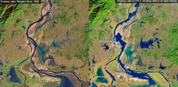 Perubahan lanskap Danau Poyang di Tiongkok akibat penambangan pasir. Photo: NASA