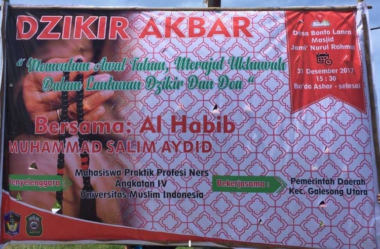 Spanduk kegiatan Dzikir Akbar yang akan digelar di Desa Bonto Lanra, Kecamatan Galesong Utara Bersama Ners FKM UMI