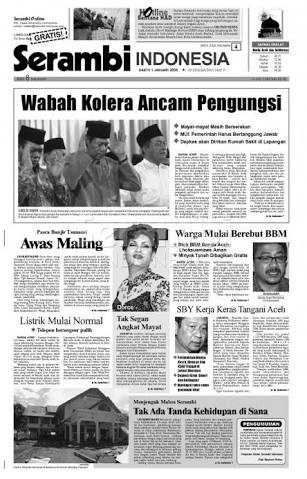 Cover depan Harian Serambi Indonesia terbitan 1 Januari 2005 setelah sebelumnya sempat tidak terbit selama lima hari akibat gempa dan tsunami. Sumber: menatapaceh.com