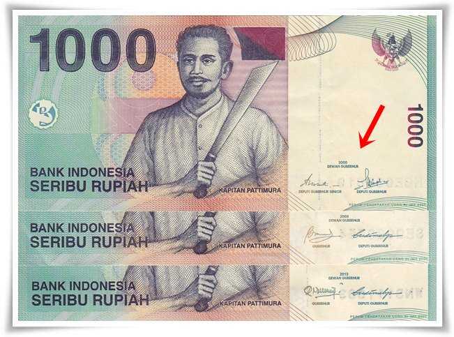 Koleksi uang kertas Rp1.000 dalam berbagai 'variasi' tahun pencetakan dan penanda tangan (Dokpri)