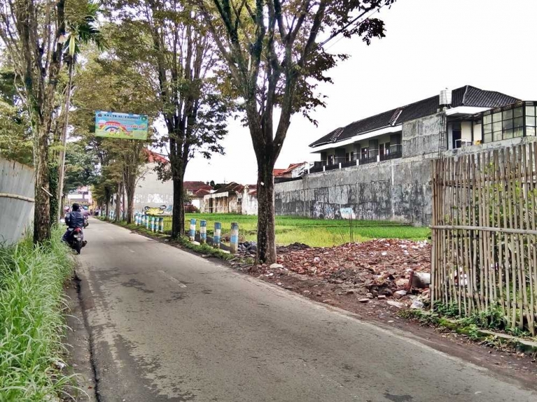 Sepetak sawah yang tersisa diantara rimbunnya bangunan di Tlogomas. (Dokumen Pribadi).