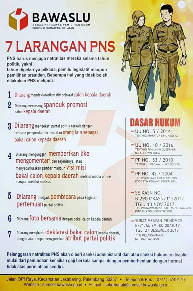 Larangan ASN dalam Pilkada, Pileg dan Pilpres yang terang benderang I Sumber Bawaslu Sumsel