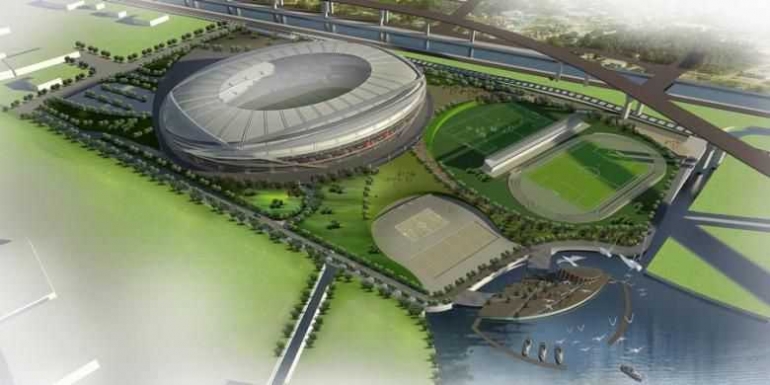 Rancangan Stadion Internasional Jakarta desain Weharima selaku pemenang sayembara yang direncanakan akan dibangun di Taman BMW (Bersih-Manusiawi-Berwibawa) Sunter, Jakarta Utara. Foto Kompas.com